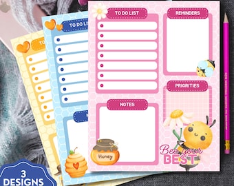 Bee Planner, Printable Notepad, Kawaii Memo, Daily To Do List, Printable Daily Planner, Cute Stationery, Cute Bee Notepad, Bee Planner
