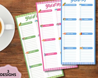 Bordure de couleur pour la liste de courses, bloc-notes imprimable, mémo kawaii, jolie papeterie, liste de courses, modèle de liste de courses, bloc-notes de liste de courses
