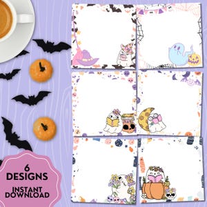 May include: Six Halloween-themed designs with cute ghost illustrations, pumpkins, and witch hats. The designs are framed with decorative borders and include the text "6 Designs" and "Instant Download". The image also features coffee, cookies, and bat cutouts.