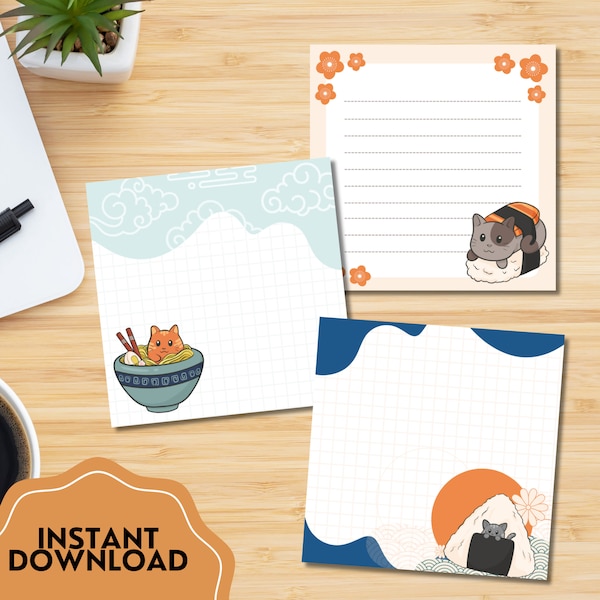 Printable Memo Pad , Kawaii Memo Sheets , Cute Japanese Food Printable Notepad , Cat Lover Sushi Printable Memo Sheets , Cute Stationery