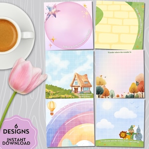 May include: Six square designs with watercolor illustrations and text from The Wizard of Oz. Designs include a yellow brick road, a house, a rainbow, and characters. The words "Believe in Your Own Kind of Magic" are visible.