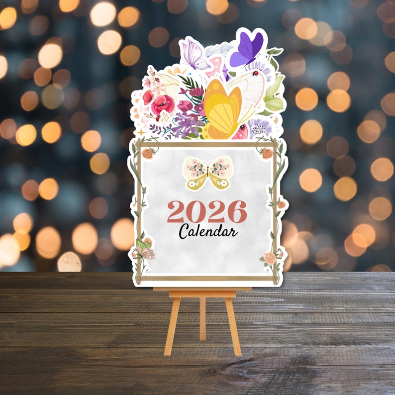 Op de afbeelding: Een decoratieve kalender voor 2026 op een klein houten ezel. De kalender heeft een vlinderontwerp en bloemaccenten. De bovenkant van de kalender is versierd met kleurrijke vlinders en bloemen. De tekst "2026 Calendar" wordt op de kalender weergegeven.