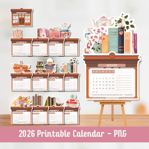 Pode incluir: Uma coleção de calendários imprimíveis de 2026 com estética vintage. Os calendários apresentam ilustrações de livros, xícaras de chá e arranjos florais. O texto "2026 Printable Calendar - PNG" está na parte inferior.