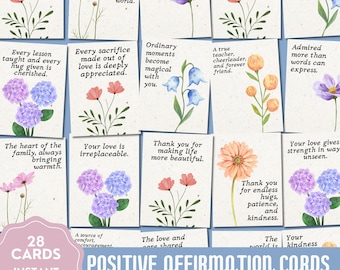 Mother Appreciation, Mothers Day Positive Affirmation Cards, Affirmation Cards Printable, Mental Health, Flower Cards, Mom Affirmations