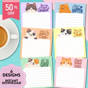 Blocco note stampabile con gatto che fa capolino, blocco note stampabile con affermazioni positive, cancelleria stampabile, regalo con promemoria kawaii, modello per post-it