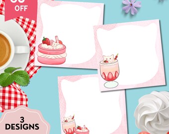Strawberry Dessert Printable, Memo Pad Cute, Strawberry Printable Notepad, Cute Stationery, Kawaii Memo Pad, Strawberry Cat Memo Sheets