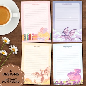 Könnte beinhalten: Vier rechteckige, linierte Briefpapierbögen mit Drachenillustrationen. Ein rosa Bogen zeigt einen Drachen auf Büchern mit dem Text 'Dragon's Notes'. Ein violetter Bogen zeigt einen fliegenden Drachen mit 'Scales & Scribbles'. Ein gelber Bogen trägt 'Today's Quest' und einen Drachen. Ein blauer Bogen zeigt 'Dragon Dreams' und einen schlafenden Drachen.
