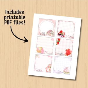 K&ouml;nnte beinhalten: Eine druckbare PDF-Datei mit sechs rosa-wei&szlig;en Briefpapierdesigns. Jedes Design zeigt florale Akzente, B&uuml;cher und Text wie "Big on books & small on pretty" und "Happily ever after is my aesthetic."