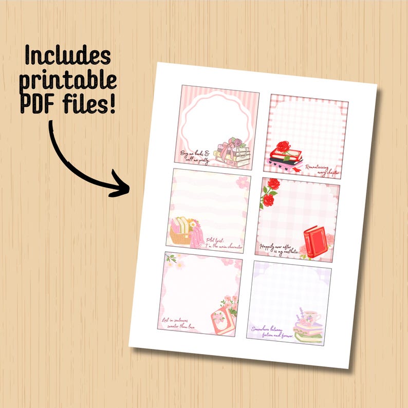 K&ouml;nnte beinhalten: Eine druckbare PDF-Datei mit sechs rosa-wei&szlig;en Briefpapierdesigns. Jedes Design zeigt florale Akzente, B&uuml;cher und Text wie "Big on books & small on pretty" und "Happily ever after is my aesthetic."