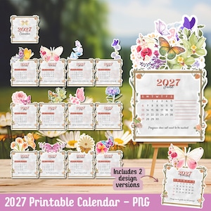 Pode incluir: Um conjunto de calendário imprimível para 2027 com páginas mensais decoradas com ilustrações em aquarela de borboletas e flores. Cada página exibe o mês, o ano e a grade do calendário. O conjunto inclui duas versões de design e texto.