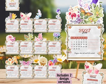 May include: A 2027 printable calendar set featuring monthly pages decorated with watercolor butterflies and floral illustrations. Each page displays the month, year, and calendar grid. The set includes two design versions and text.