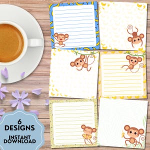 May include: Six square notepads featuring monkey illustrations and banana borders. Some pads have lined paper, others are blank. The phrase "6 DESIGNS INSTANT DOWNLOAD" is in a blue oval. A cup of coffee and flowers are in the background.