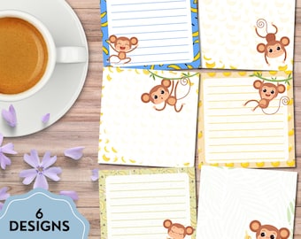 Affe Notizblock, druckbares Notizbuch, süßes Briefpapier, druckbares Briefpapier, Kawaii-Memo, Sticky Note Vorlage, druckbarer Affe, süßer Affe
