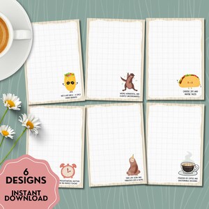 Puede incluir: Seis blocs de notas imprimibles con diseños únicos. Cada bloc de notas presenta un patrón de cuadrícula y una ilustración caprichosa diferente con texto. Los diseños incluyen un burrito, una nutria, un taco, un despertador, un perezoso y una taza de café. El texto dice "6 Designs" y "Instant Download".