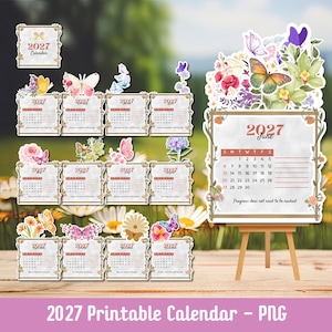 Calendario 2027, Calendario de mariposas, Calendario imprimible, Calendario bonito, Calendario de flores y naturaleza, Calendario de escritorio, Calendario de afirmaciones positivas
