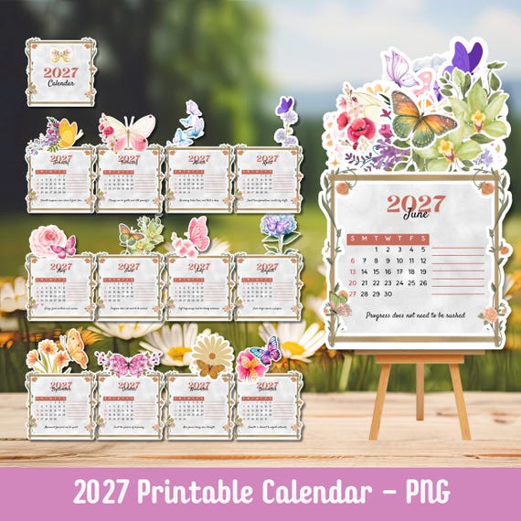 2027 Calendar, Butterfly Calendar, Printable Calendar, Cute Calendar, Nature Flower Calendar, Desk Calendar, Positive Affirmation Calendar