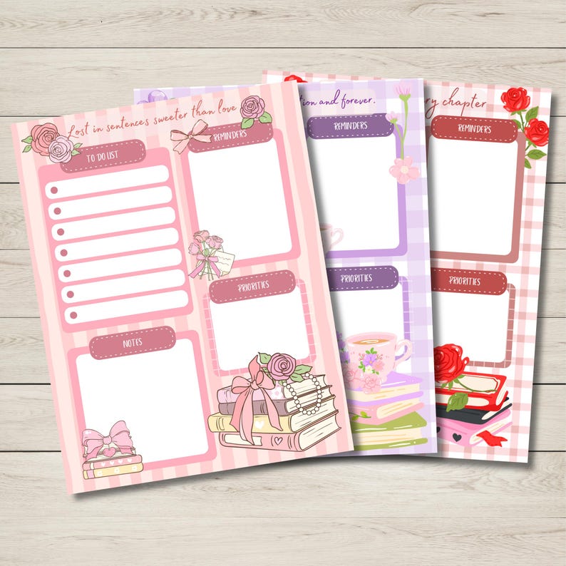 Puede incluir: Juego de tres blocs de notas decorativos con ilustraciones florales y de libros. Los blocs de notas presentan esquemas de color rosa, morado y rojo con textos como "Lost in sentences sweeter than love", "ion and forever" y "every chapter". Cada bloc de notas tiene secciones para recordatorios, prioridades y notas.