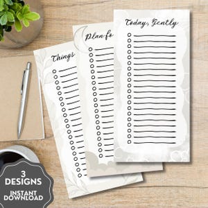 May include: Three printable planner designs with the phrases "Things", "Plan for", and "Today, Gently" in elegant script. Each design features a list format with circles and lines for notes, set against a soft, neutral background with floral and cloud accents. The image also includes a pen and a coffee cup.