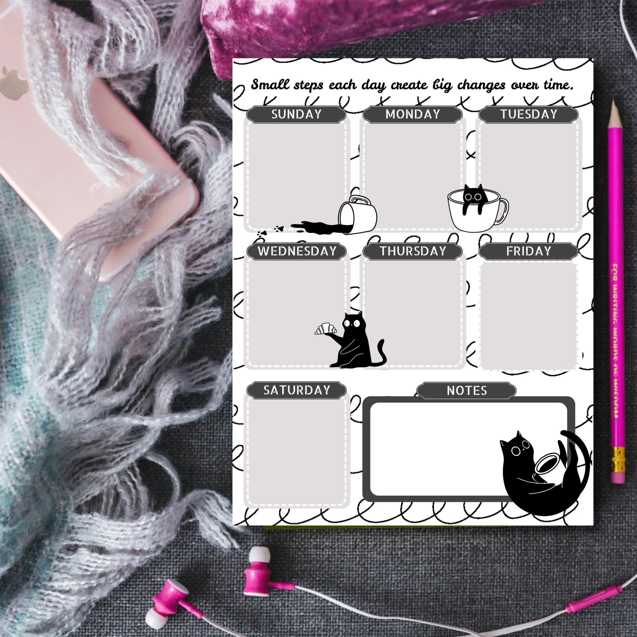 Coffee Cat Weekly Planner, Printable Notepad, Kawaii Memo, to Do List ...