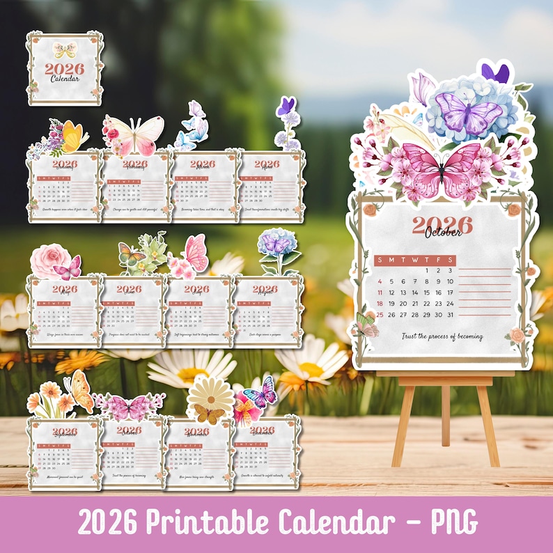 Op de afbeelding: Een verzameling van 2026 printbare kalenders met bloemen- en vlindermotieven. De kalenders tonen maandelijkse lay-outs, met de maand "Oktober" zichtbaar op &eacute;&eacute;n. De tekst "2026 Printable Calendar - PNG" is inbegrepen.