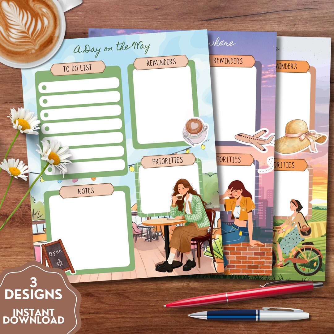 Travel Girl Daily Planner, Printable Notepad, Kawaii Memo, to Do List ...