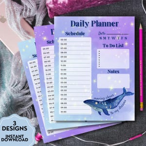 Planificador de acuarela, planificador diario, bloc de notas imprimible, notas kawaii, lista de tareas diarias, planificador imprimible, papelería bonita, diseño celestial