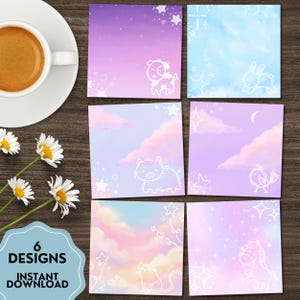 May include: Six square designs with pastel backgrounds and white animal illustrations are shown from above. The designs include a dog, bunny, pig, bird, cat, and giraffe. The words "6 Designs" and "Instant Download" are also visible.