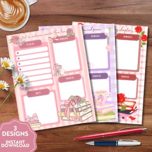 Könnte beinhalten: Drei Planer-Designs mit Blumen- und Buchillustrationen. Jeder Planer hat Abschnitte für To-Do-Listen, Erinnerungen und Prioritäten. Die Designs umfassen rosa, lila und rote Farbschemata mit dem Text "Lost in sentences sweeter than love", "ion and forever" und "my chapter".