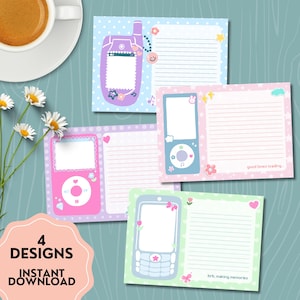 May include: Four rectangular note cards featuring retro electronics illustrations including a purple flip phone, a pink music player, a blue music player, and a light blue phone. Each card has lined writing space and decorative icons like stars and flowers.