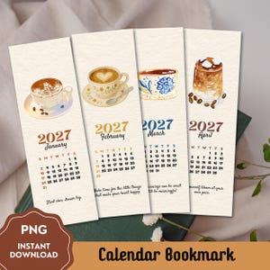 Puede incluir: Cuatro marcapáginas de papel verticales que muestran los meses del calendario 2027 de enero a abril. Cada marcapáginas presenta una ilustración en acuarela de una bebida de café en una taza o vaso, junto con el mes y las fechas.