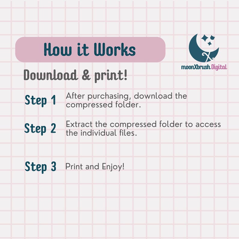 Op de afbeelding: Een afbeelding met de tekst 'How it Works' (Hoe het werkt) en instructies om bestanden te downloaden en af te drukken. Stappen zijn onder meer het downloaden van een gecomprimeerde map, het extraheren van bestanden en het afdrukken. Logo met maan en sterren.