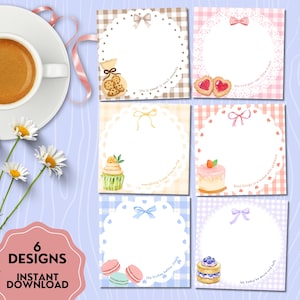 May include: A collection of six illustrated stationery designs with a cute, whimsical theme. Each design features a white, scalloped frame with a bow and a different illustration, including cookies, cupcakes, and macarons. The text "6 Designs Instant Download" is also visible.