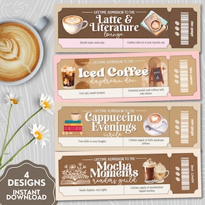 Op de afbeelding: Vier koffie-thema ticketontwerpen met de teksten "Latte & Literature Lounge", "Iced Coffee Daydream Den", "Cappuccino Evenings Circle" en "Mocha Moments Readers Guild". Elk ticket bevat koffie-illustraties en de tekst "Instant Download".
