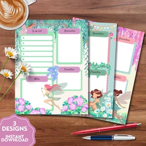 May include: Three planner designs with fairy illustrations and the text "A Little Magic for Today." Each planner features sections for to-do lists, reminders, and priorities. The designs include floral elements and a fairy with a wand. The words "3 Designs Instant Download" are also visible.
