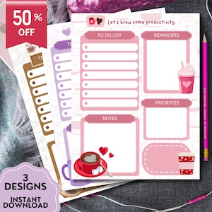 Kaffee druckbarer Notizblock, Kawaii Notizblock, süße tägliche To Do-Liste, druckbare Tagesplaner, niedliches Briefpapier, positive Motivationsvorlage
