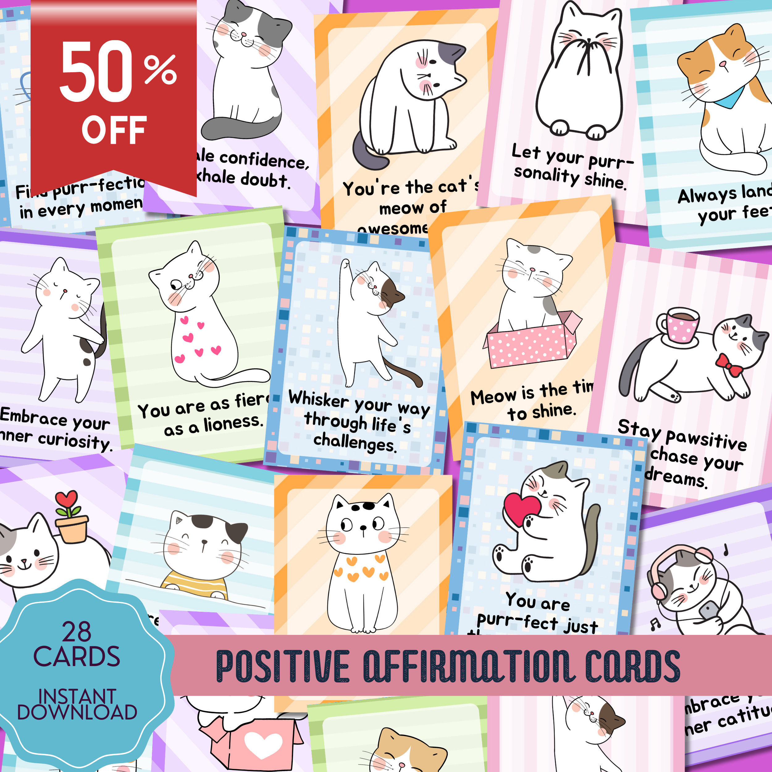 Pawsitive Card Positive Affirmation Cards Cute Cat Printable for Children, Quotes Back ...