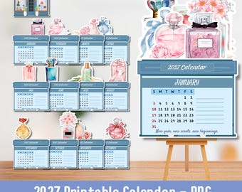 May include: A 2027 printable calendar set featuring twelve monthly pages with blue headers and watercolor illustrations of perfume bottles and floral arrangements. Each page includes a grid for dates and lines for notes, with the text New year, new scents, new beginnings.