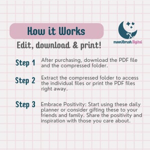 May include: A digital product guide titled "How it Works" with instructions for editing, downloading, and printing. The steps include downloading a PDF, extracting files, and embracing positivity. The design features a pink and teal color scheme with a crescent moon logo.