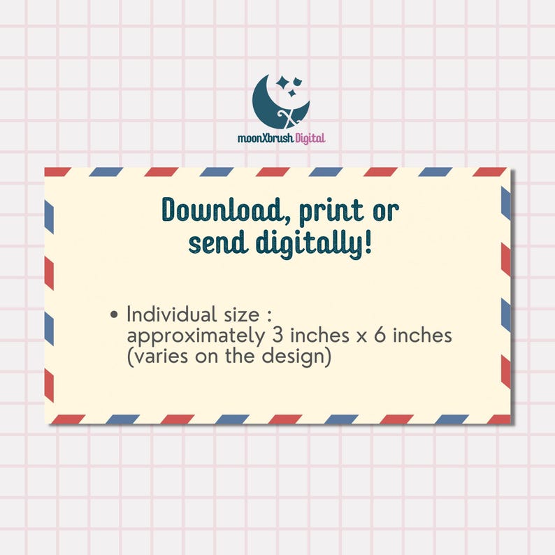 Op de afbeelding: Cr&egrave;mekleurig digitaal downloadontwerp met rode en blauwe rand. Tekst luidt: "Download, print of digitaal verzenden!" en "Individuele grootte: ongeveer 7,6 cm x 15,2 cm (varieert per ontwerp)." Bevat een halve maan en sterren logo.
