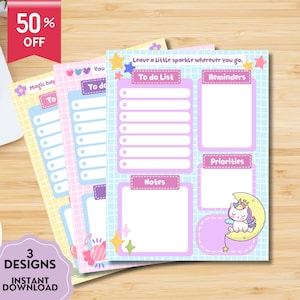Einhorn Notizblock, druckbarer Notizblock, Kawaii Memo, Einhorn Tagesplaner, Kawaii Memo, süßes Briefpapier, positive Motivation, Einhorn Print