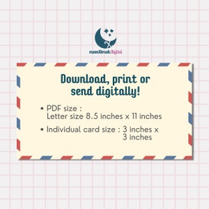 K&ouml;nnte beinhalten: Grafik zum digitalen Download mit cremefarbenem Hintergrund und rot-blauer Umrandung. Der Text lautet "Herunterladen, drucken oder digital senden!" mit Gr&ouml;&szlig;enangaben: Letter-Format 21,6 x 27,9 cm und einzelne Karte 7,6 x 7,6 cm.