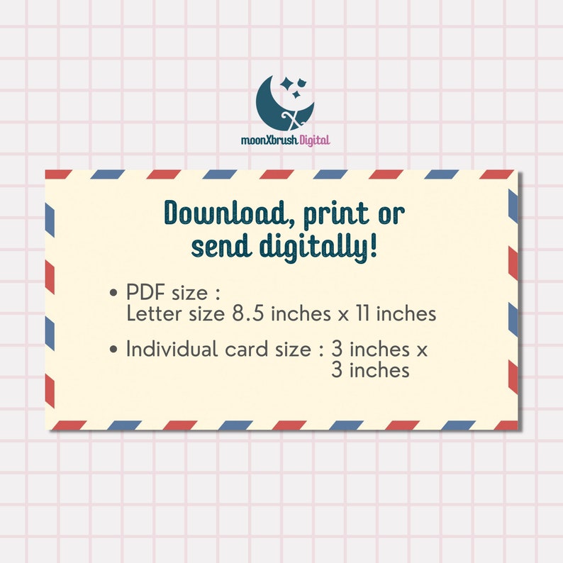 K&ouml;nnte beinhalten: Grafik zum digitalen Download mit cremefarbenem Hintergrund und rot-blauer Umrandung. Der Text lautet "Herunterladen, drucken oder digital senden!" mit Gr&ouml;&szlig;enangaben: Letter-Format 21,6 x 27,9 cm und einzelne Karte 7,6 x 7,6 cm.