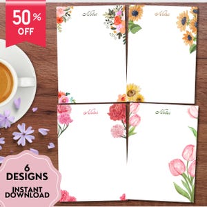 Flower Notepad, Watercolor Flower, Flower Notes, Printable Notepad, Kawaii Memo, Printable Memo Sheets, Cute Stationery, Floral Notepad