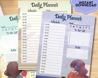 以下が含まれることがあります： 「Daily Planner」、「Schedule」、「To Do List」、「Notes」の文字が入った3種類のデイリープランナーのデザイン。デザインには人物とコーヒーカップのイラストが含まれています。画像には「3 DESIGNS INSTANT DOWNLOAD」の文字も含まれています。