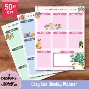 Agenda settimanale Cozy Cat, blocco note stampabile, promemoria kawaii, lista di cose da fare giornaliera carina, agenda stampabile, cancelleria carina, stampabile positivo