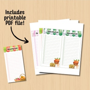 May include: Printable grocery list with a green and pink awning and a basket of fruit at the bottom. The text "Grocery List" is printed on the awning.