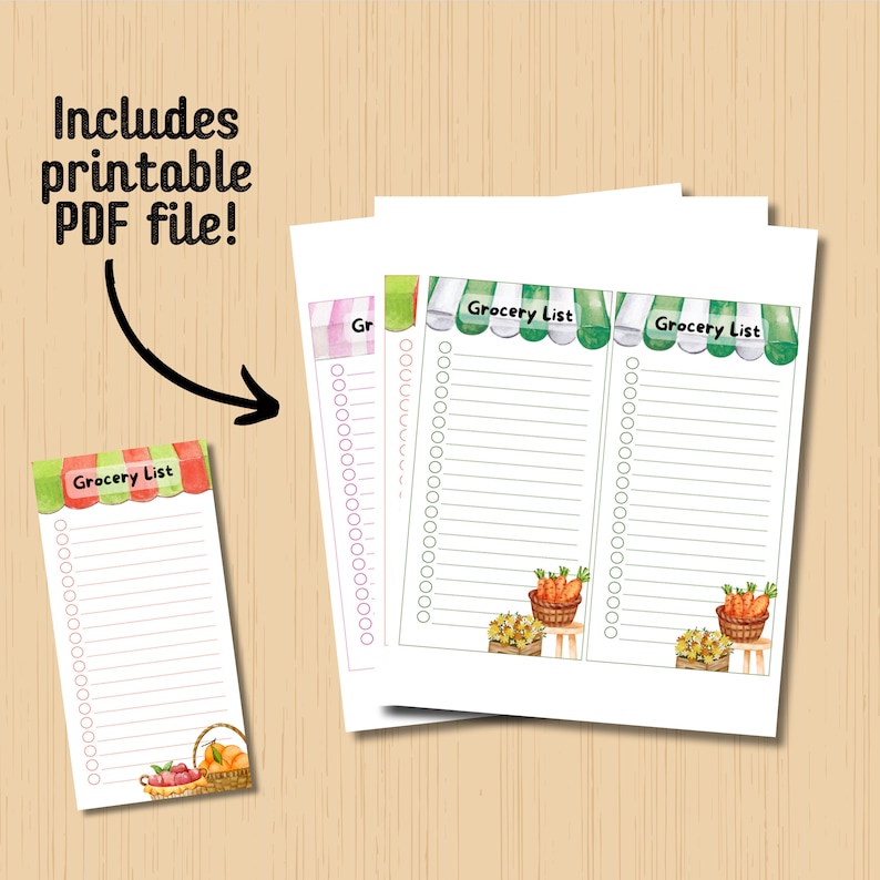 May include: Printable grocery list with a green and pink awning and a basket of fruit at the bottom. The text "Grocery List" is printed on the awning.