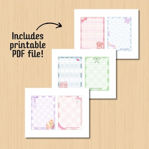 May include: A collection of printable stationery sheets in various pastel colors, including pink, blue, and purple. Each sheet features decorative borders with bows, hearts, and gift box illustrations. The text "Includes printable PDF file!" is also visible.