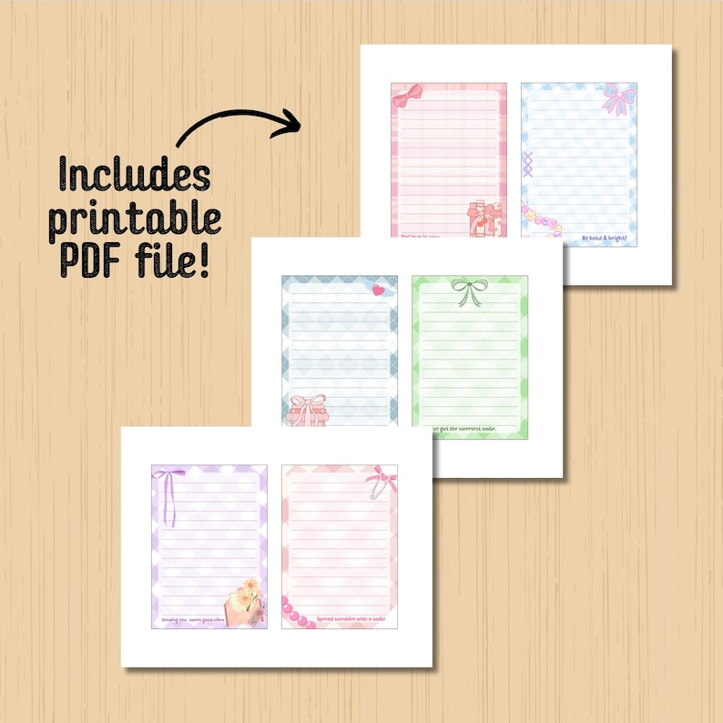May include: A collection of printable stationery sheets in various pastel colors, including pink, blue, and purple. Each sheet features decorative borders with bows, hearts, and gift box illustrations. The text "Includes printable PDF file!" is also visible.