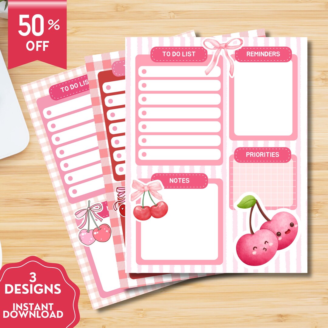 Cherry Planner, Printable Notepad, Kawaii Memo, Daily to Do List ...